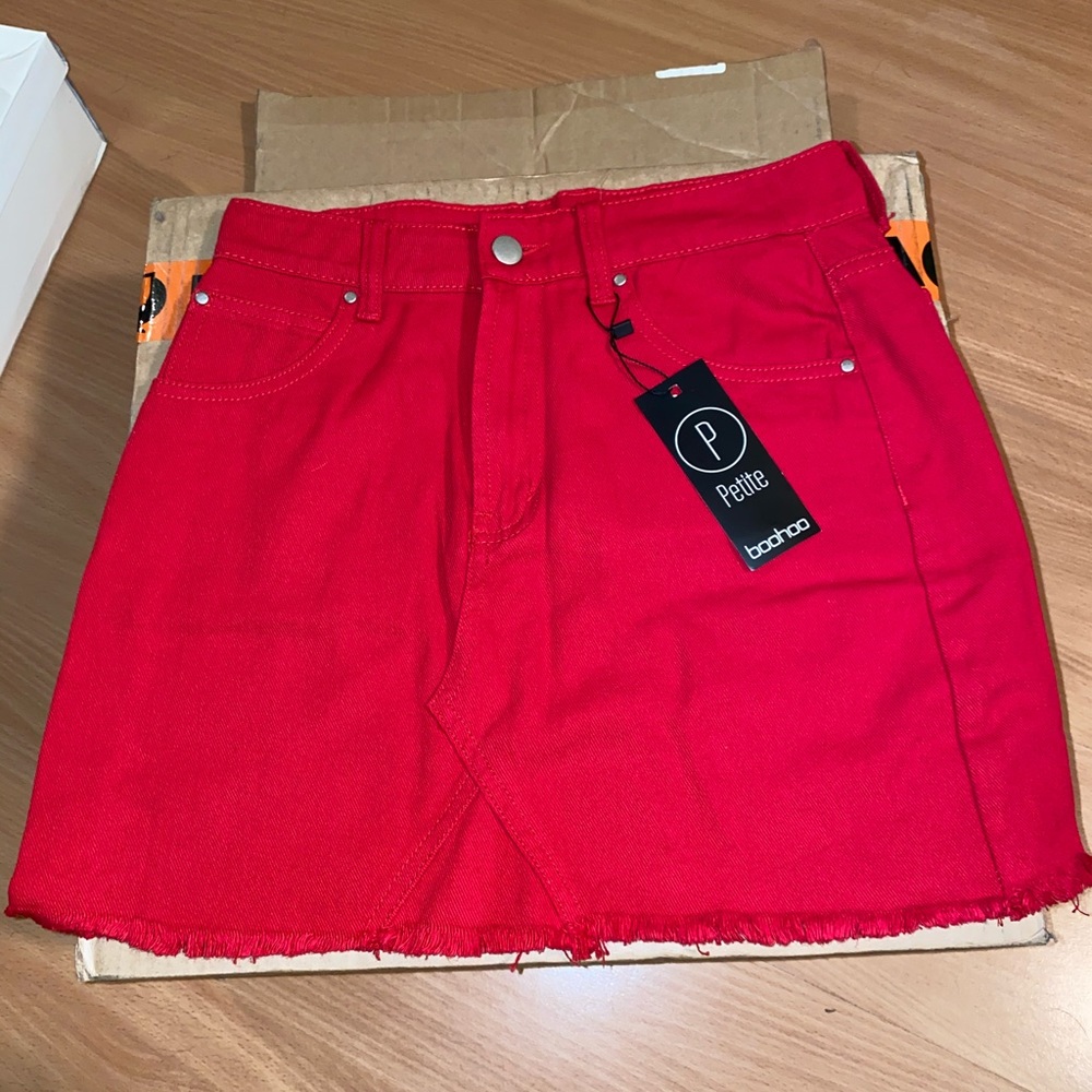 Red denim mini skirt